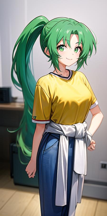 01834-3910039689-1girl, solo, green eyes, green hair, ponytail, long hair, smile, (white clothes around waist), yellow shirt, blue pants, breasts.png